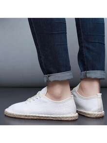 1 双男士编织草钓鱼/休闲鞋，透气亚麻，帆布便鞋，帆布一脚蹬乐福鞋，手工复古健身鞋，极简主义包头编织亚麻运动鞋，橡胶底帆布鞋