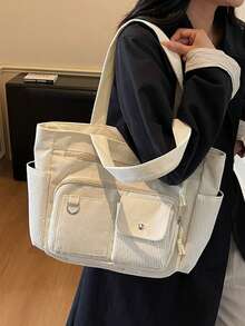 女士大容量尼龙单肩包 - 前置口袋和拉链斜挎设计 - 米色 - 查看 6