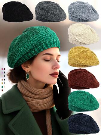 1pc Women's Solid Color Knitted Chenille Warm Beret Hat, Fashionable Casual Everyday Versatile Cap