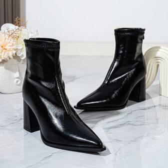 New Autumn/Winter Pointed Toe High Heel Ankle Boots For Women, Chunky Heel Elastic Short Boots