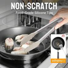 烹饪夹，不锈钢耐热材质，带锁扣，硅胶手柄，适用于不粘锅具。可用于煎锅，抓握力强，方便夹取食物、拌沙拉、空气炸锅等，拉环设计，厨房用具，食品