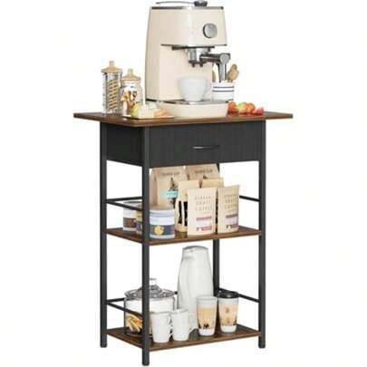 Kitchen Bakers Rack With Storage Drawer Small Coffee Bar Table 3 Tiers Microwave Stand Freestanding Kitchen Appliance Organizer Rustic Brown