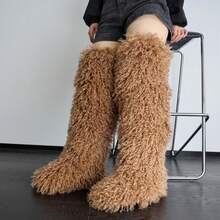 Women's Thigh High Fur Boots Faux Fur Fluffy Flat Warm Over The Knee Boots Tall Furry Snow Shoes For Women - 棕色 - 查看 4