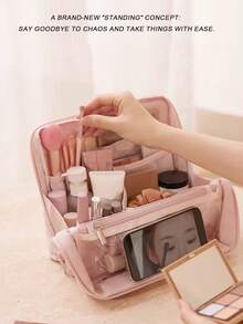 1-Piece Standing Cosmetic Bag, Made Of Soft, Cloud-Like Material, Multi-Functional, Large-Capacity Cosmetic Organizer With Compartments | Suitable For Storing Stationery, Toiletries, And Cosmetics; A Portable Storage Bag For Travel And Everyday Use.