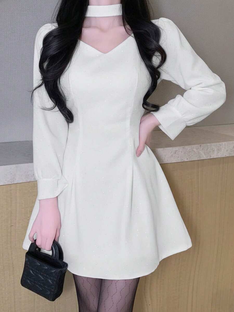 Đầm suông ngắn cổ chữ V đính kim tuyến đơn sắc dành cho nữ, thích hợp cho hẹn hò và đi nghỉ - trắng - Xem 1