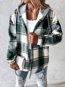 Plaid Print Buttoned Hooded Shacket