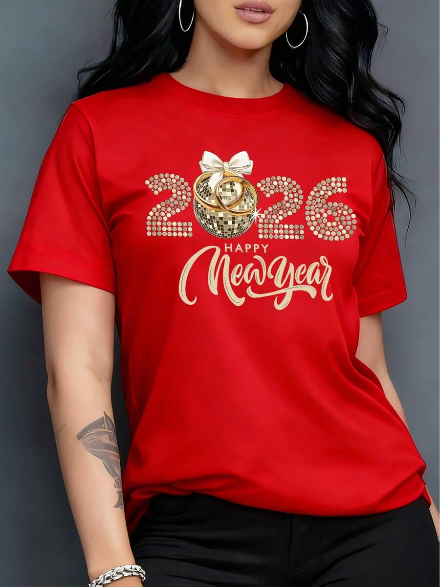 2026 Hello Women Tee Ladies 2026 Happy New Year Letter Pattern Printed T-Shirt Women's New Year Celebration Clothing Goodbye 2025, Hello 2026 Design T-Shirt Women's Loose Casual Round Neck Short Sleeve T-Shirt - White And Navy Off-The-Shoulder Cropped Top - Đỏ - Xem 1