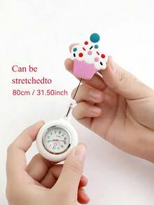 1 buc ceas de asistentă imprimat cu desene animate cu înghețată, cu curea decorativă, cataramă, capac din silicon, marcaje clare cu cadran, mâini luminoase și funcție ușor de transportat