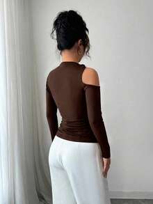 Camiseta casual de primavera con diseño de hombros descubiertos y ajuste estilizante para tallas grandes - Café integral - Ver 3