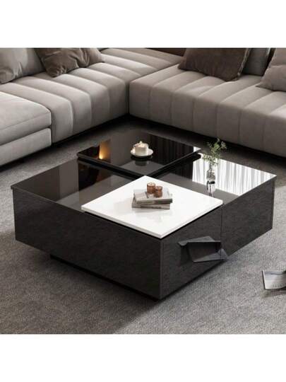 Moderne Square High Gloss Zwart Sofa 75*75*33.5 Cm Slatted Base, Small Sliding Tabletop In Contrasting White, Max. Load Capacity 30 Kg view 2