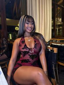 优雅性感女士弹力网纱露背吊带连衣裙 - 酒紅色 - 查看 6