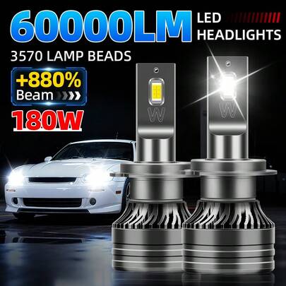 2个路顺H1 H7 H11 9005/HB3 9006/HB4 H4 LED汽车大灯灯泡，60000流明，180瓦，6000K色温，集成外置驱动器，高功率3570CSP高亮芯片，支持CANBUS总线，无故障，亮度提升880%，安装简便，即插即用