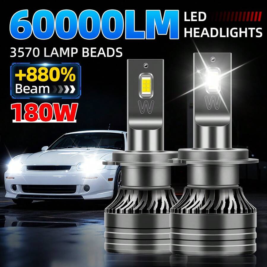 2个路顺H1 H7 H11 9005/HB3 9006/HB4 H4 LED汽车大灯灯泡,60000流明,180瓦,6000K色温,集成外置驱动器,高功率3570CSP高亮芯片,支持CANBUS总线,无故障,亮度提升880%,安装简便,即插即用 - 深灰色 - 查看 1
