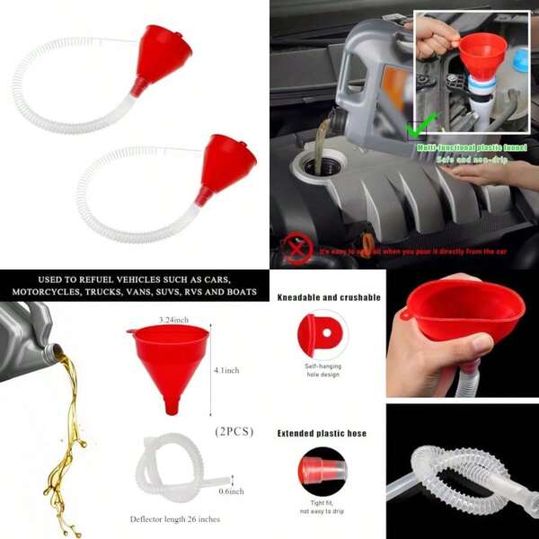 Embudos para uso automotriz, embudos de aceite flexibles con manguera larga, embudo de plástico de boca ancha para agua, líquido, líquido, aceite de motor, gas, transmisión de combustible,(2 PIEZAS)
