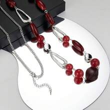 Noessla Layered Long Necklaces For Women Crystal Beaded Statement Necklace Sweater Silver Chain With Gifts Box Jewelry{Inchcolor_nameinch:Inch07-Redinch} - 07-Merah - View 6
