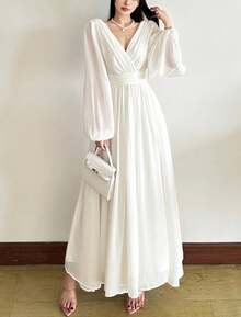 YeonC 长袖性感V领纯色修身长裙