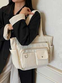 女士大容量尼龙单肩包 - 前置口袋和拉链斜挎设计 - 米色 - 查看 3