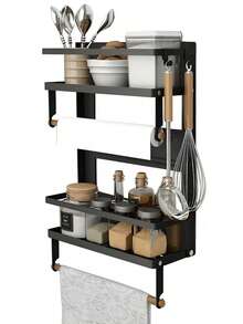 Estante de almacenamiento de cocina de metal multifuncional - Estante de almacenamiento lateral magnético, apto para refrigerador y lavadora - sin necesidad de perforar, acabado negro elegante, organizador de especias montado en la pared, Estante organizador lateral de refrigerador de 1 pieza con ganchos para colgar objetos pequeños adecuado para familias ocupadas y espacios pequeños - Negro - Ver 1