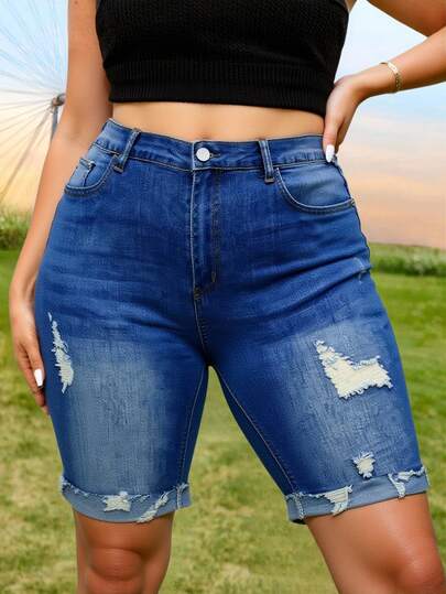 Casual Street Style Talla grande Denim Bermuda Shorts for Women featuring Washed Ripped Design and Pockets