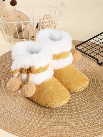 1 par flickskor i enfärgat tyg med pompom och kardborremönster, platta plyschiga vardagsskor, söta, lämpliga för vintern