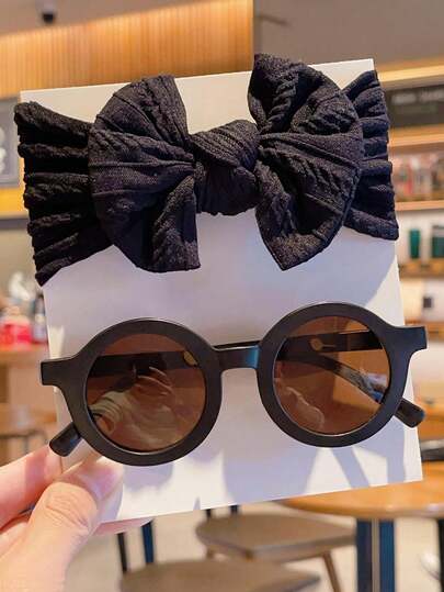 2pcs/Set New Cute Solid Color Bow Headband & Round Fashion Glasses Accessories Set For Baby Boys & Girls, Card Display Only, Shipping Not Included