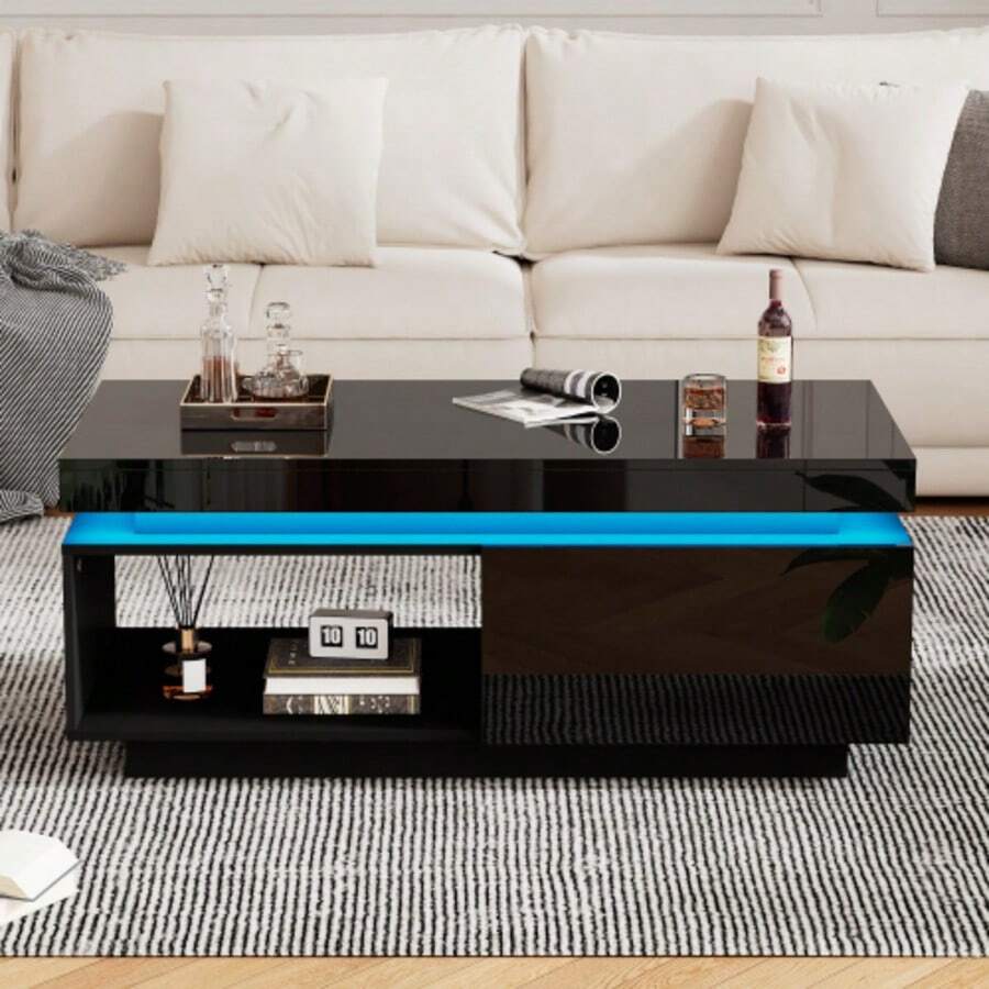 Modern High-Gloss Coffee Table With LED Lighting, 100x50x40.3 Cm – Elegant Table With Drawer And 50 Kg Load Capacity - Black - View 1