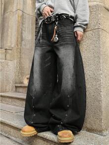 男士阔腿拼接喇叭牛仔裤，美式Y2K街头潮流时尚设计休闲百搭牛仔裤 - 黑色 - 查看 7