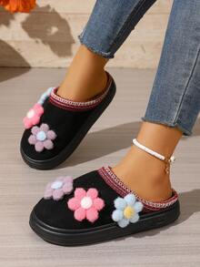 1 Pair Retro Fluffy Flower Mule Slippers, Floral Print Cute Fabric Applique House Slippers, Suitable For Autumn/Winter - Black - View 5