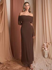 PARTHEA 露肩褶饰亮片网眼长裙 - 棕色 - 查看 5