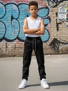 Kids Boy's Cargo Pants With Pocket And Elastic Waist Skater Style - 黑色 - 查看 4