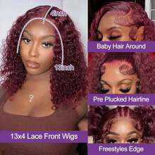 Burgundy 99J Short Deep Wave Lace Front Wigs Human Hair Glueless Wigs Pre Plucked With Baby Hair 250 Density 13x4 HD Transparent Bob Lace Frontal Wigs For Women Brazilian Virgin Kinky Curly Human Hair Wig Natural Hairline - Màu Đỏ Sâu - Xem 4