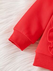 2pcs Baby Girls Cute Ruffle Sweatshirt With Bow Accent Long Sleeve Top And Leopard Print Flare Pants Set, Autumn/Winter - Red - View 7