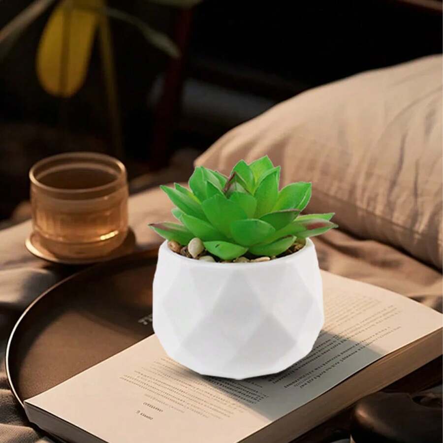 Creative Artificial Succulent Plants For Women's Desks - Realistic Succulent Plants In Ceramic Pots - Mini Green Decorations For Bedrooms And Bathrooms, Office Bookshelves - Holiday Gifts - Festive Atmosphere Decoration - White - View 1