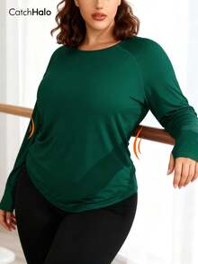 1pc Plus Size Fleece T-Shirt, Green Long Raglan Sleeve With Thumb Hole, Curved Hem Round Neck Loose Soft Fit, Suitable For Yoga, Fitness, Running, Casual Wear, Christmas, Autumn/Winter - 墨綠色 - 查看 5