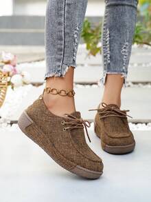 女士纯色系带平底便鞋，适合娇小身材的厚底增高休闲运动鞋，男女皆宜的百搭鞋款 - 棕色 - 查看 2