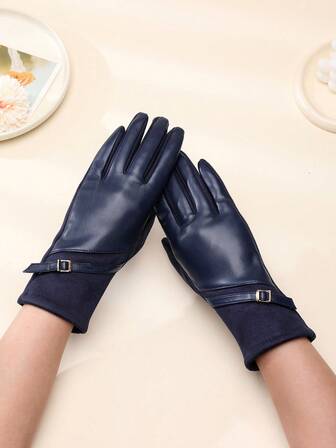 1双女士黑色仿皮金属装饰摩托车风格绒面触屏手套，加厚保暖，适合秋冬季节佩戴