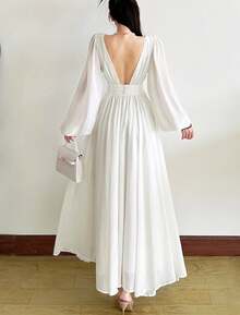 YeonC 长袖性感V领纯色修身长裙