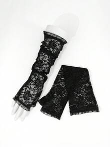 1 par de elegantes mangas largas sin dedos de encaje y malla para mujer, protección solar