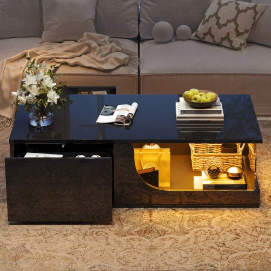 100*50*30cm Coffee Table, Sofa Table With 2 Drawers, High Gloss Living Room Side Table, MDF Living Room Table, LED Coffee Table, Tempered Glass End Table, Black Designer Table - Black - View 1