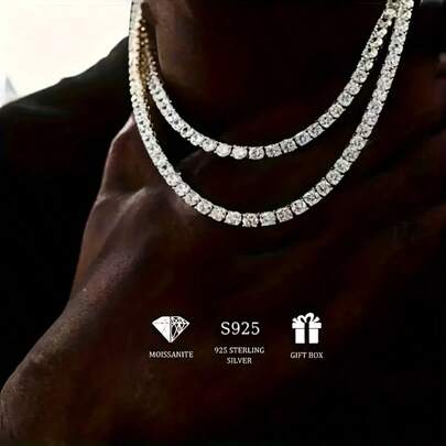 A S925 Silver Hip-Hop Cuban Chain Necklace Set With Moissanite Ivory White, Fashionable Style, Suitable For Both Men And Women, Suitable For Birthdays, Weddings, Anniversaries, And Engagements - Christmas Gifts