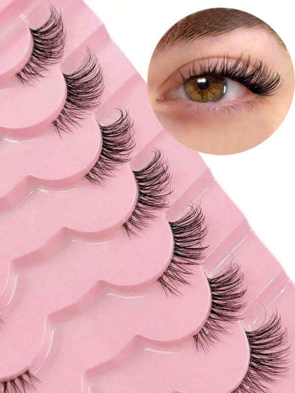 7 أزواج من رموش صناعية قصيرة وطبيعية المظهر مع ساق شفاف وبنمط عين القطة والصليب. ضرورية للمكياج اليومي. رموش صناعية، رموش، رموش اصطناعية