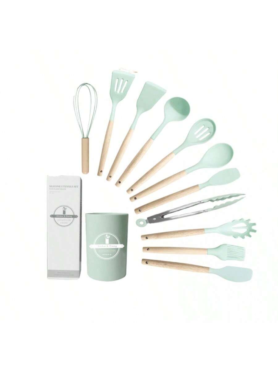 Juego de espátula y cucharón de silicona (12 piezas) - Verde claro (700 g)
