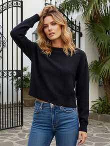 Womens Off Shoulder Crop Sweater Loose Fit Casual Solid Ribbed Trim Long Sleeve Knit Tops For Fall And Winter - Black - View 6