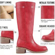 Women's Knee High Chunky Block Heel Square Toe Low Heel Boots, Style - Red - View 4