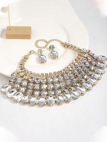 奢华水晶水钻项链耳环套装，优雅合成宝石首饰，色彩鲜艳，配饰精致，开斋节礼物 - 白色 - 查看 4