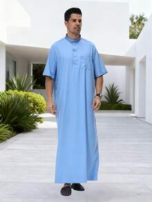 AL HARAMAIN 2025 Qatar Thobe Latest Hot Selling Premium Men's Arabic Robe, Soft Non-Pilling Fabric, Fashionable Short Sleeve Mandarin Collar Four-Button Design, Men's Prayer Robe, Machine Washable, Suitable For All Seasons And Formal Religious Occasions | Round Neck Design | Smooth Texture | Men's Formal Wear Men's Traditional Arabic Robe, Qatar Design