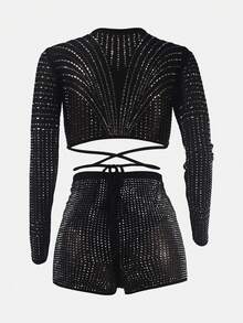 Bộ đồ hai mảnh nữ Hội Chữ thập Pha lê kim cương cắt Buộc lại màu trơn Gợi cảm - màu đen - Xem 3