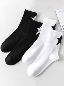 4 Pairs Men's Black & White Pentagram Pattern Socks, Versatile, Anti-Slip, Moisture-Wicking, Mid-Calf Length - Multicolor - View 12