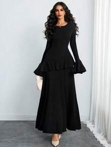 女士性感、优雅、复古、现代花瓣袖连衣裙，不对称弹力丝绒面料，A字裙摆，适合通勤或假日派对穿着，黑色 - 黑色 - 查看 2