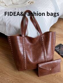 Bolso de hombro de gran capacidad de moda para mujer, bolso versátil de alta calidad con remaches de unicolor vintage elegante, adecuado para viajes, compras, ir al trabajo - Marrón - Ver 5